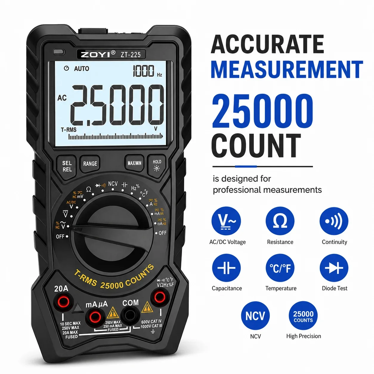 ZOYI ZT-225 25000 Counts Auto Range High Precision Full-Range Anti-Burn Digital Multimeter for Car Electrician Repair