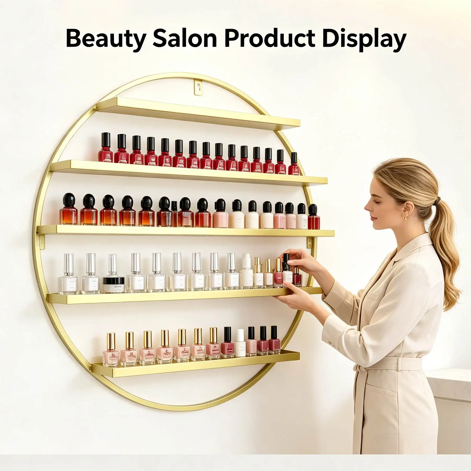 Wall Mounted 5 Tier Golden Metal Nail Polish Organizer Rack Large Capacity Hold Up To 160 Bottles Anti Drop Cosmetic Display Storage Shelf For Nail Salon Bedroom Vanity Lipstick Essential Oil Arrangement