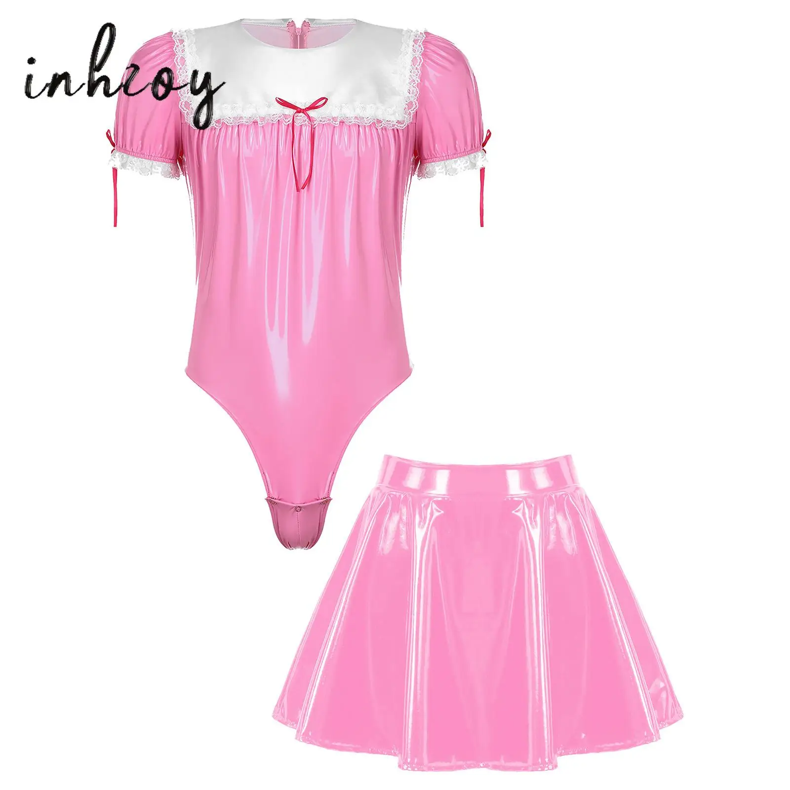 Mens Sissy Crossdress Maid Cosplay Costume Set Pink Patent Leather Lace Trim Bodysuit with A-Line Flared Skirt for Crossdresser