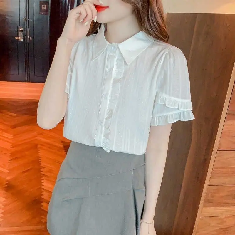 Women\'s Blouse Summer New Fashion Sweet Solid Color Polo-Neck Button Spliced Ruffles Puff Sleeve Loose Commuter Shirt Tops