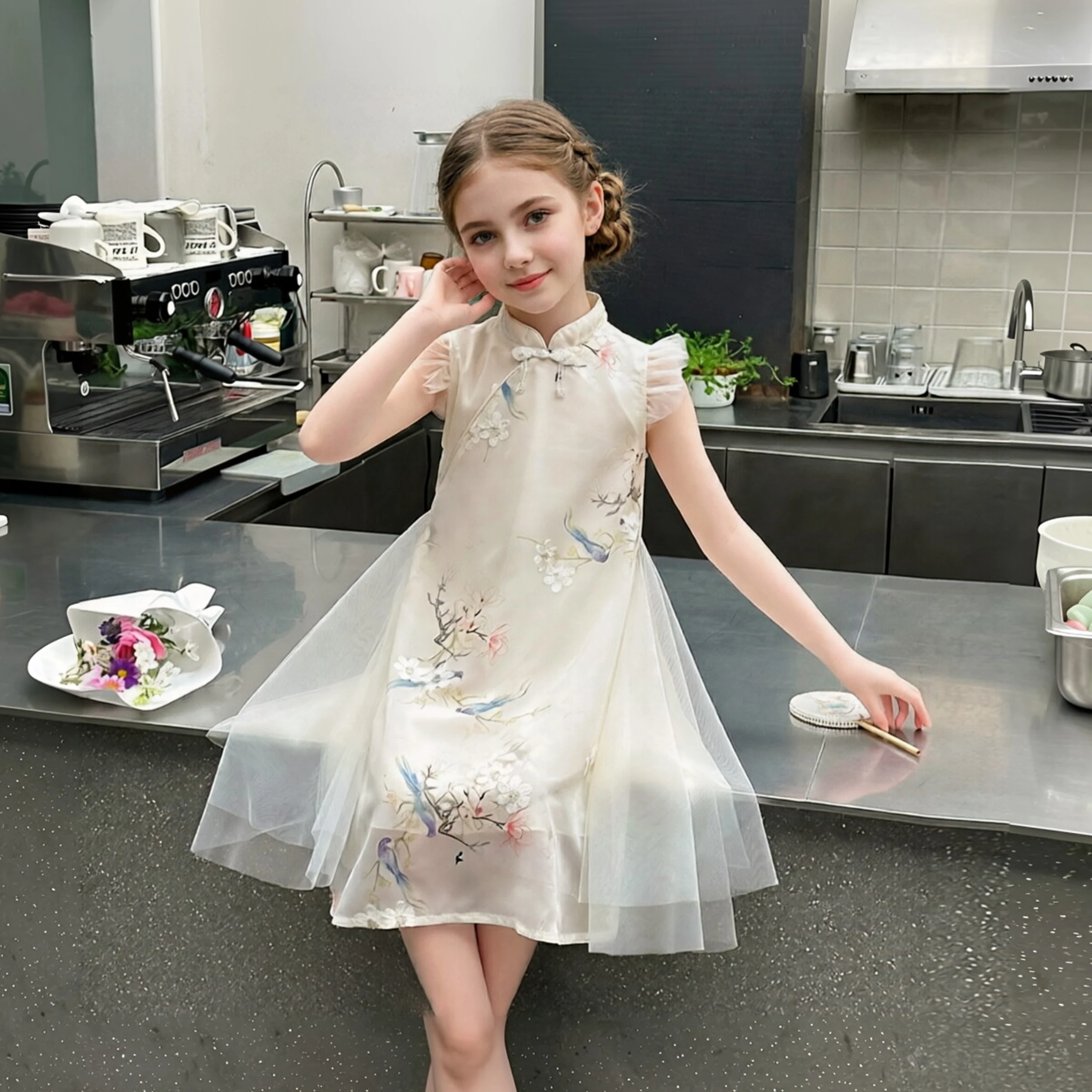 Girls' cheongsam, children's Chinese Hanfu cheongsam princess dress, children's embroidered floral mesh, suitable for birthday p