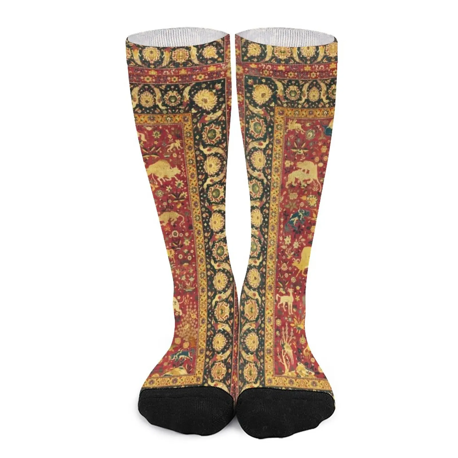 ANTIQUE RED FLORAL PERSIAN CARPET WITH FANTASTIC ANIMALS,BIRDS AND FLOWERS Socks Mens socks Wholesale sports and leisure