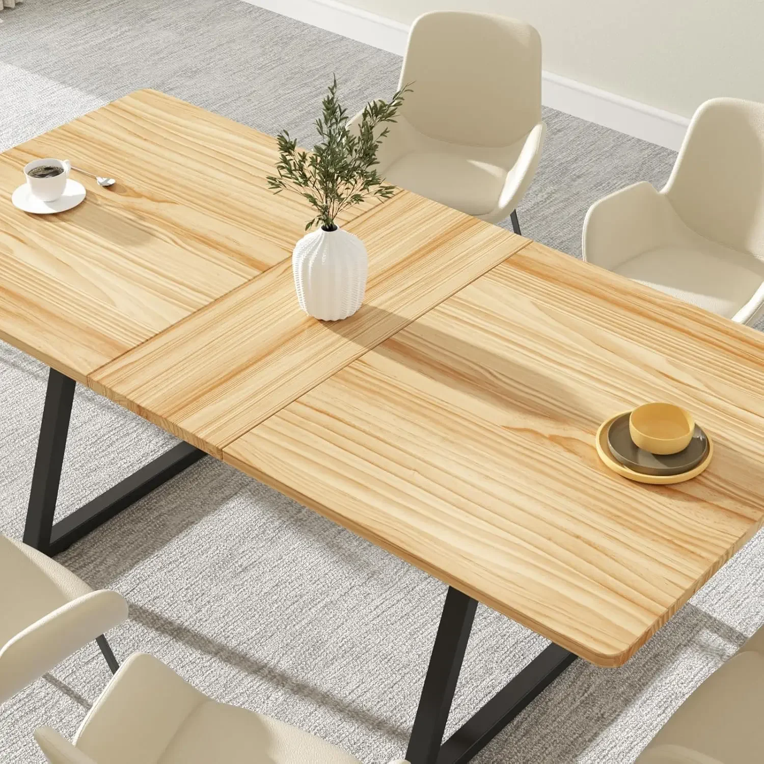 Solid Wood Extendable Dining Room Table for 4-6, 67" Rectangle Kitchen Table Mid Century Modern Large Dining Table Space