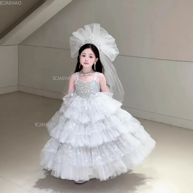 Kids Girls Birthday Princess Puffy Dress Flower Girl Children GownShow Long Party Dresses for Piano Performance Pageant Fashion