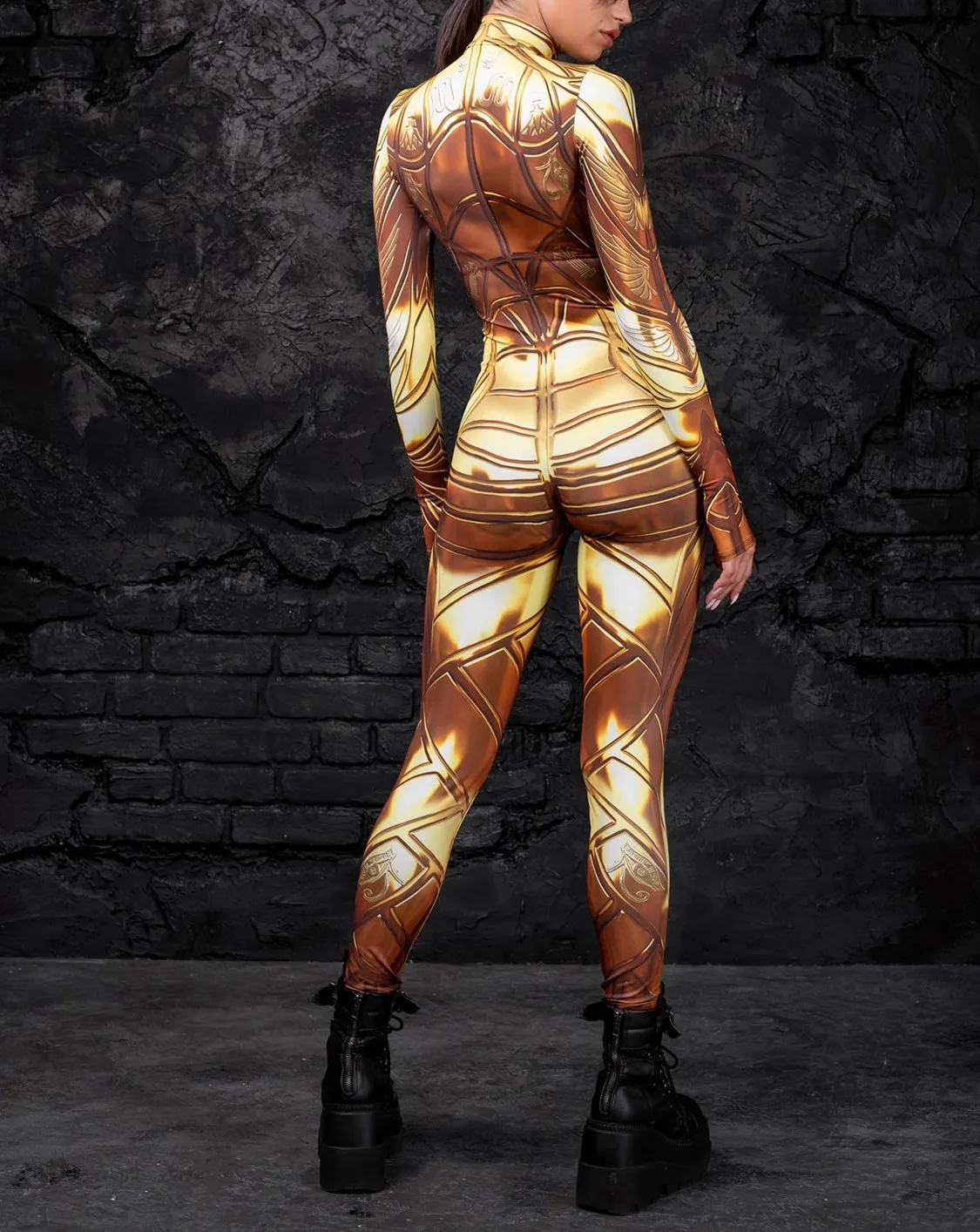 Damen Cosplay Totenkopf Steampunk Kostüm Elastische Bodysuits Cyberpunk Mechanische Goldene Rüstung Jumpsuit Halloween Party Romper – Detail 8