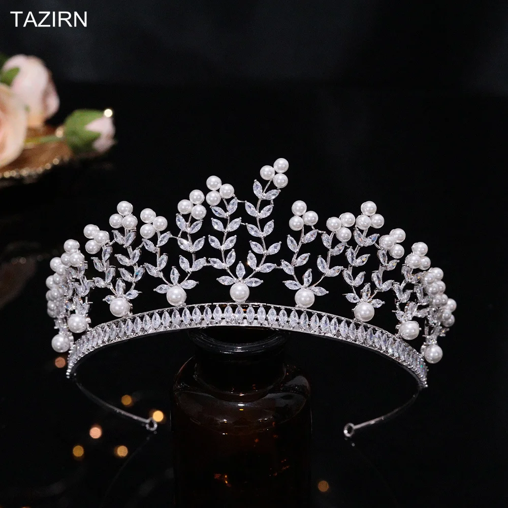 TAZIRN New 3A Cubic Zirconia Pearls Princess Bride Wedding Crowns Handcrafted CZ Tiaras Arabic Prom Party Hair Accessories Gifts