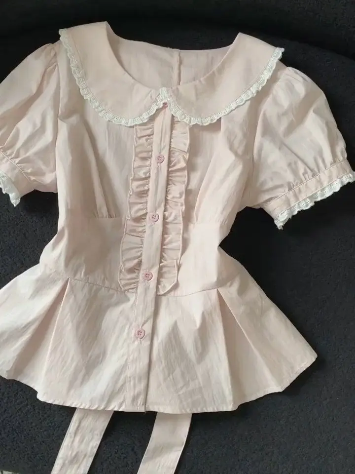Sweet Pink Lace Patchwork Doll Collar Shirt  Women's 2026 Summer New Casual Fashion Short Sleeve Slim Vintage T-Shirts Girl