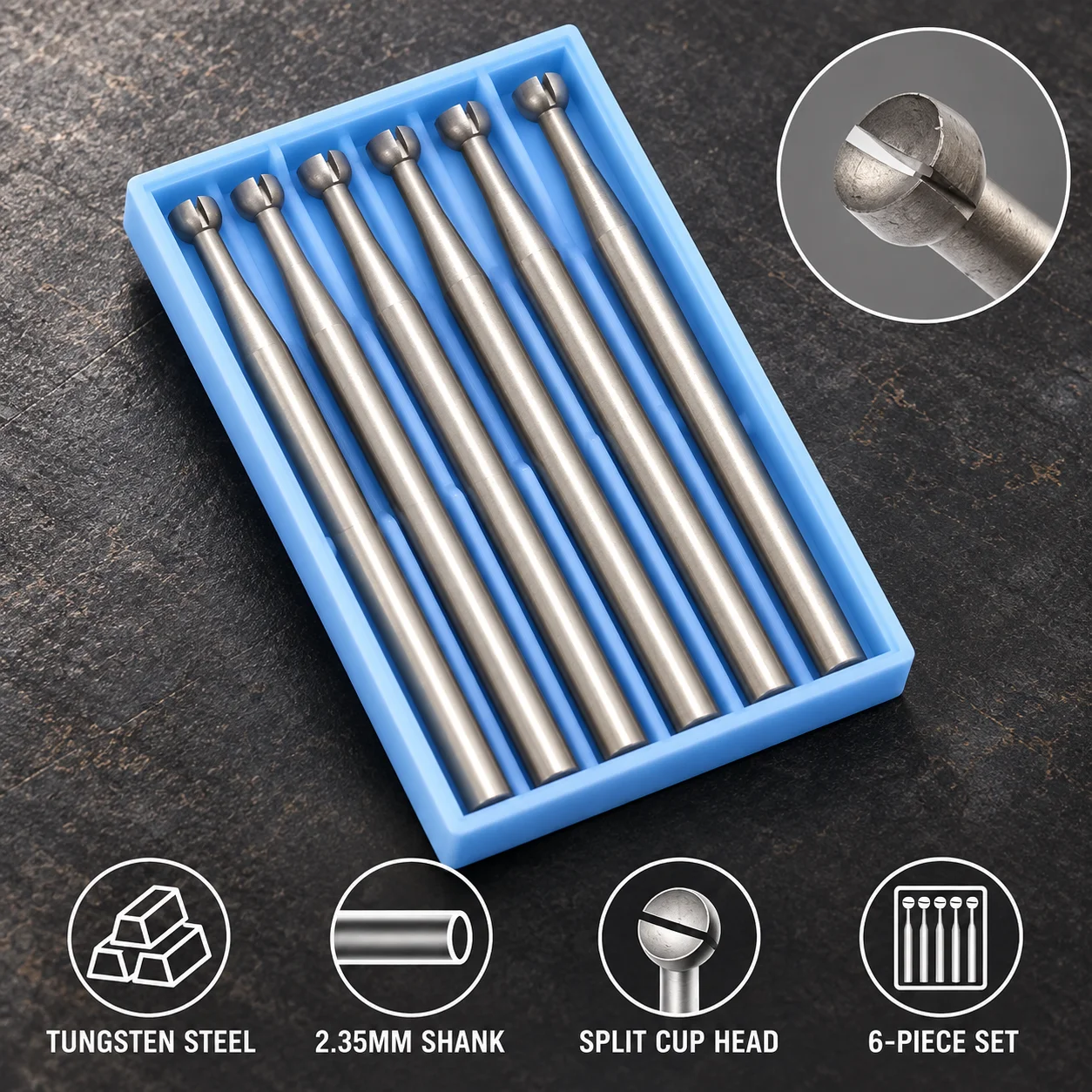 6Pcs Tungsten Steel Alloy Cup Bur Set for Die Mold Metal Wood - Durable Grinding Burs 2.35mm Shank Rotary Tool Accessories Kit
