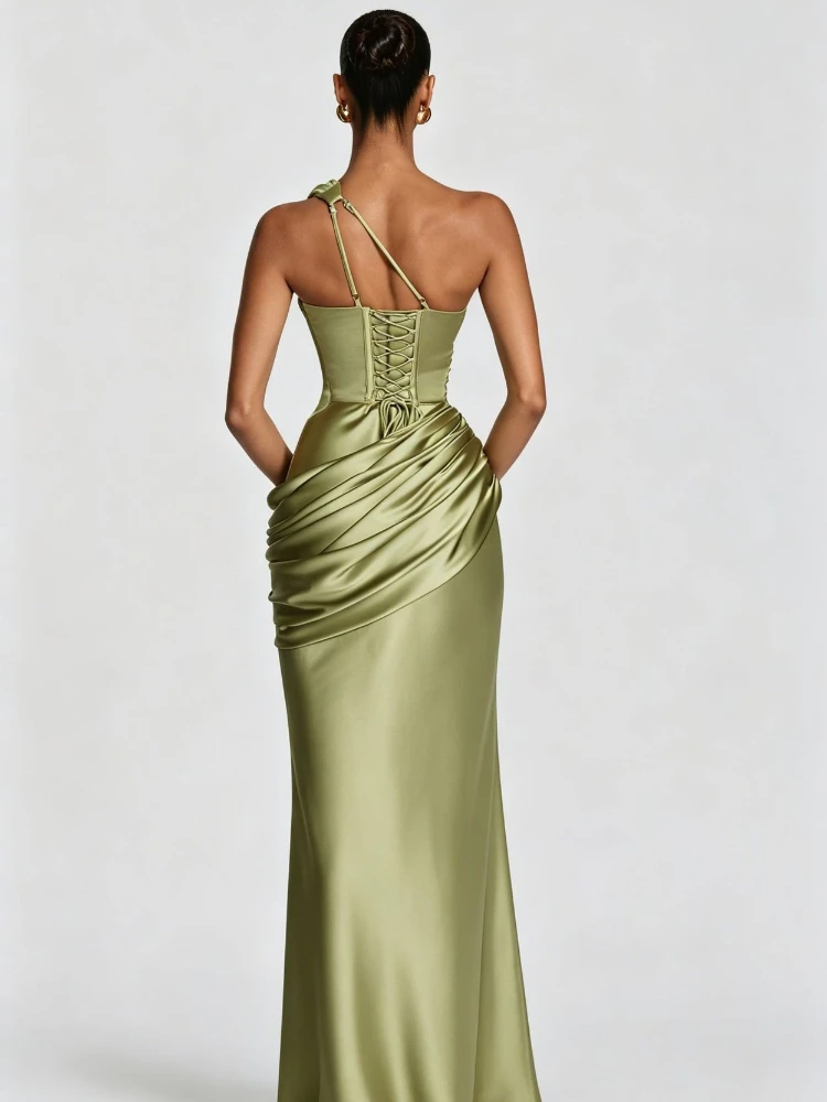 Chaxiaoa Satin One Shoulder Sexy Maxi Dress Women Elegant Diagonal Collar Cutout Ruched Bodycon Mermaid Long Evening Party Gown view 2
