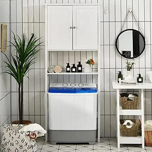 

Over The Toilet Cabinet W/ 2-Door Cabinet, Open , 3-Positon Adjustable , Anti-Toppling Device, Bathroom Organize Rack, Freestan