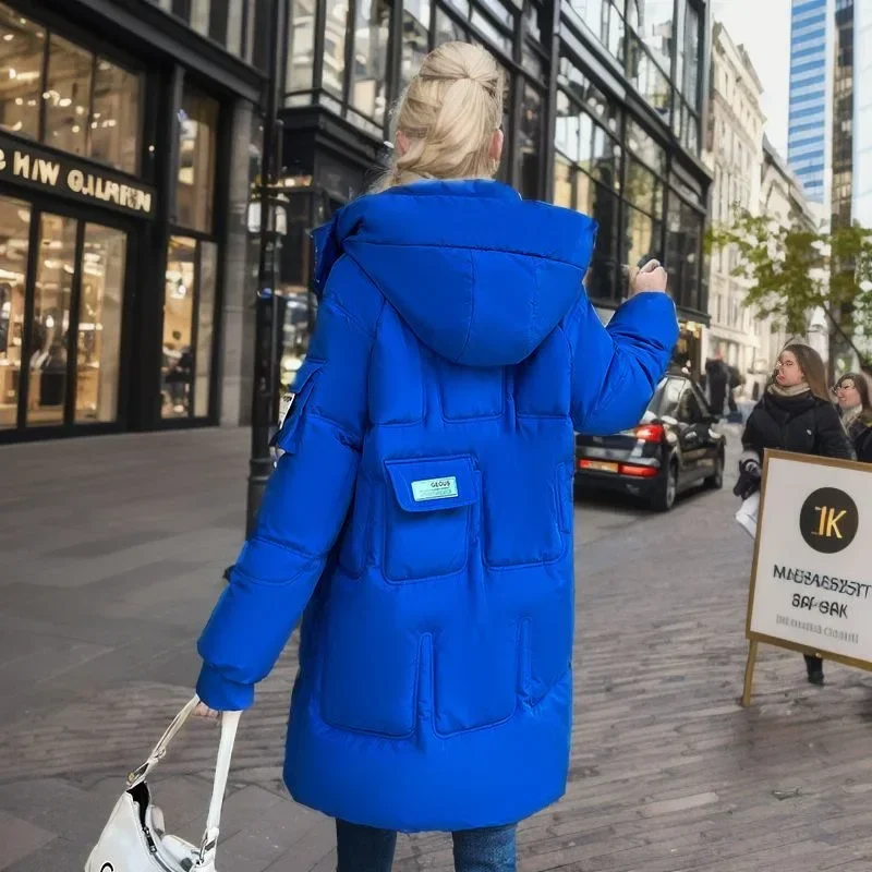 2024 neue Winter Frauen lange Parkas Taschen dicke warme Kapuze Daunen Baumwoll mantel weibliche lose Puffer Jacken wind dichten Schnee mantel