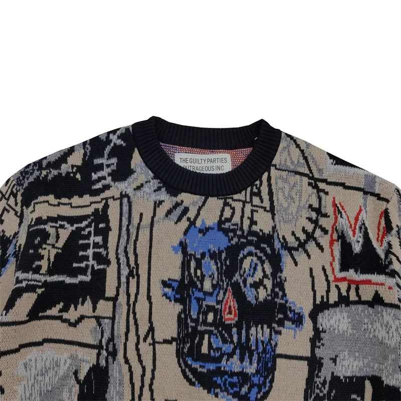 WACKO MARIA Men's Women's Cotton Vintage Hip Hop Graffiti Crew neck Sweater Winter High-end Casual Pullover Knitwear