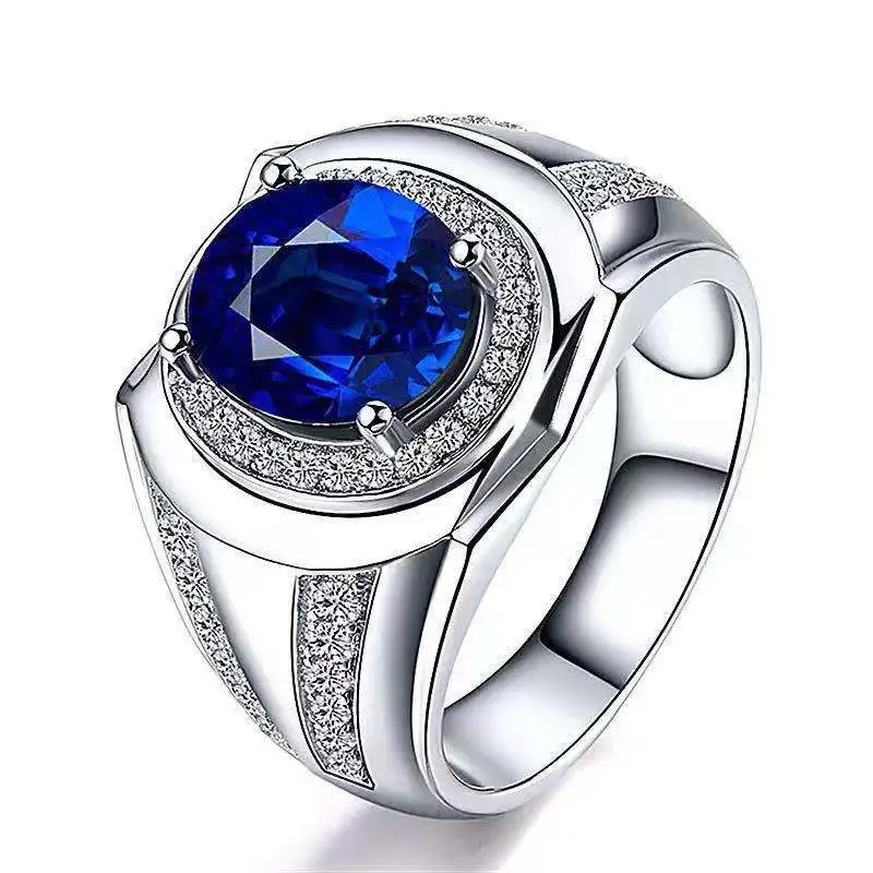 Hot Sale Lab Grown Sapphire Oval Cut Blue Color Silver Plated Platinum Men Ring AGL Certified Jewelry For Christmas Gift