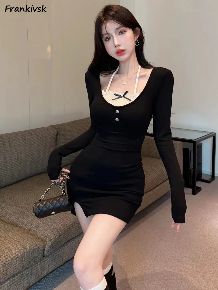 

Halter Dresses Women Mini Spring Hotsweet Club Spliced Temperament Irregular Simple Daily Youthful Vitality Party Slim Stretchy