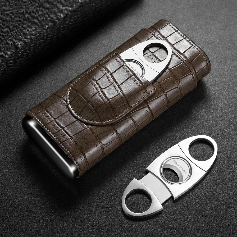 3-pack Cigar Case Portable Leather Holder Box Storage with Stainless Steel Sharp Cigar Cutter Luxury Smoking Accessories CH-24FA