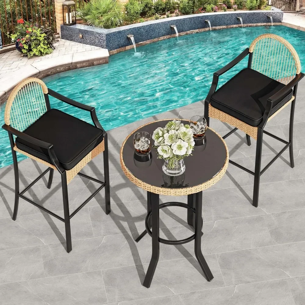 3-Piece Outdoor Wicker Bar Height Set w/Cushioned Barstools, Patio Bistro Furniture for Balcony and Poolside, Black+Light Yellow