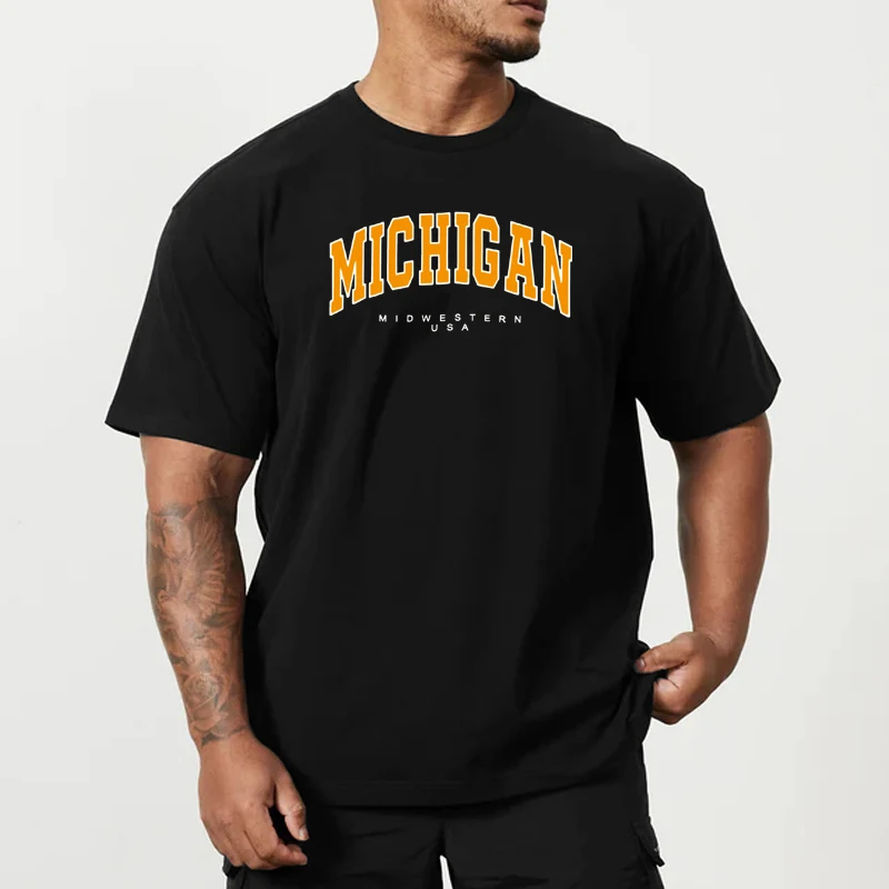 Michigan Midwestern USA Cotton Casual Oversized Short Sleeve T-shirt Mens Summer Loose Dropped Shoulder Sports T Shirt