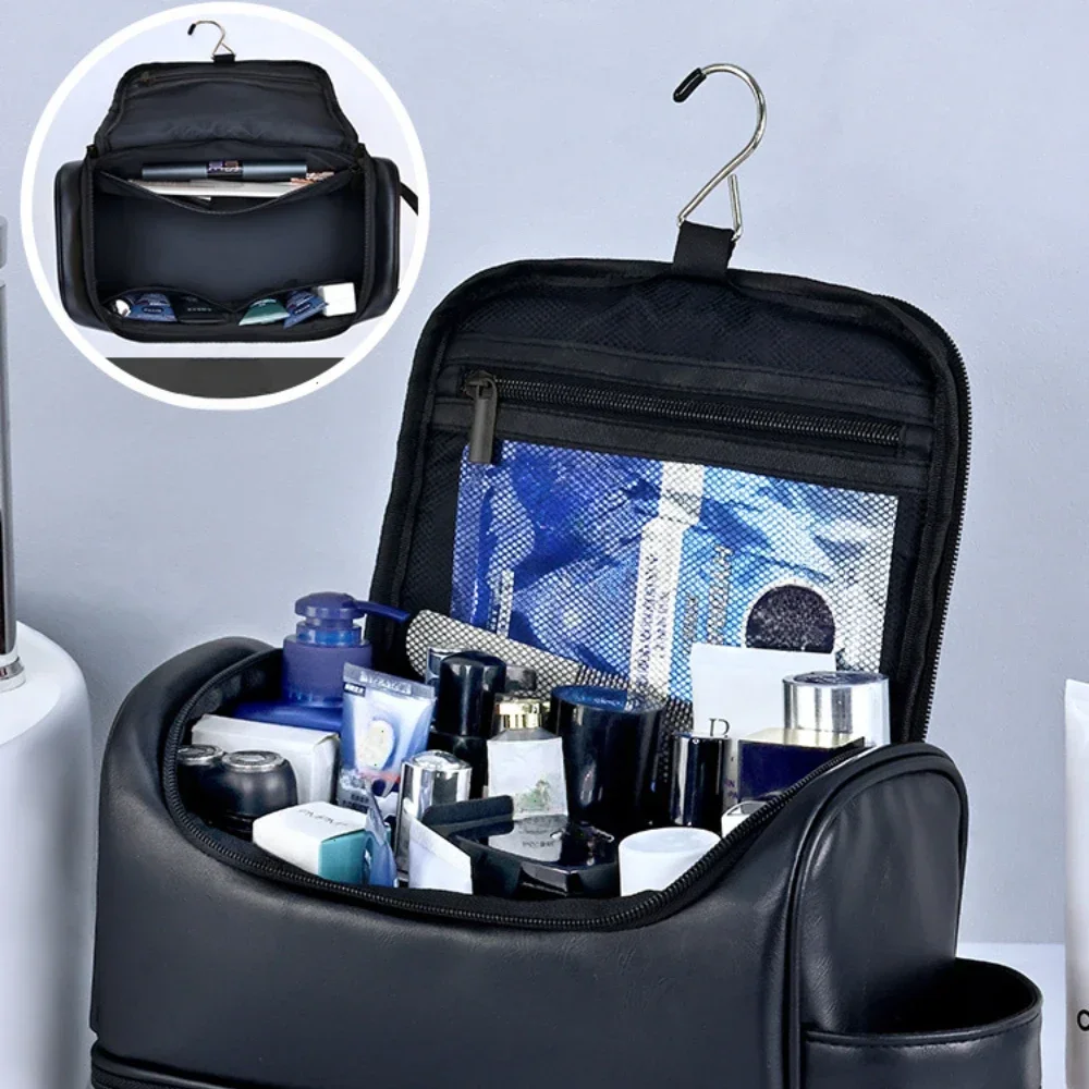 Large Hanging Toiletry Cosmetic Travel Bags for Men Women Leather Travel Bags with Hanging Hook Toiletries Bathroom Shaving Bags