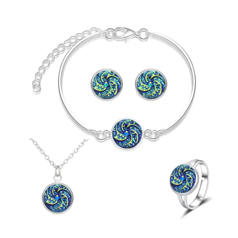 4PCS Worthy Jewelry Sets for Women's Cheap Round Blue Pendant Necklace Earrings Rings Bracelet Fashion Daily Wearing Accessories