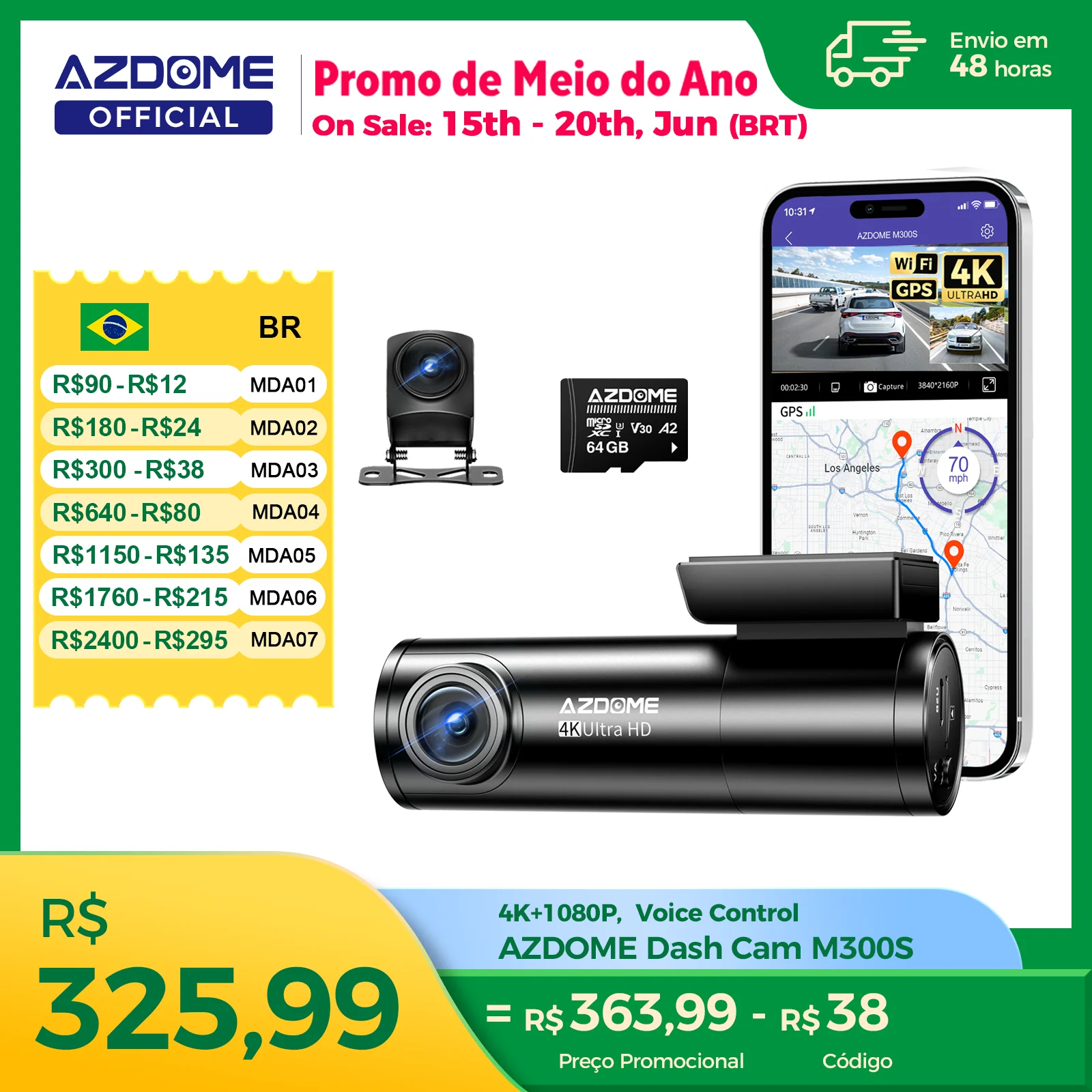 Câmera Veicular AZDOME M300S 4K+1080P com Câmera Traseira, Lente de 800MP, GPS Integrado, WIFI, DVR Automotivo, Controle por Voz e Visão Noturna