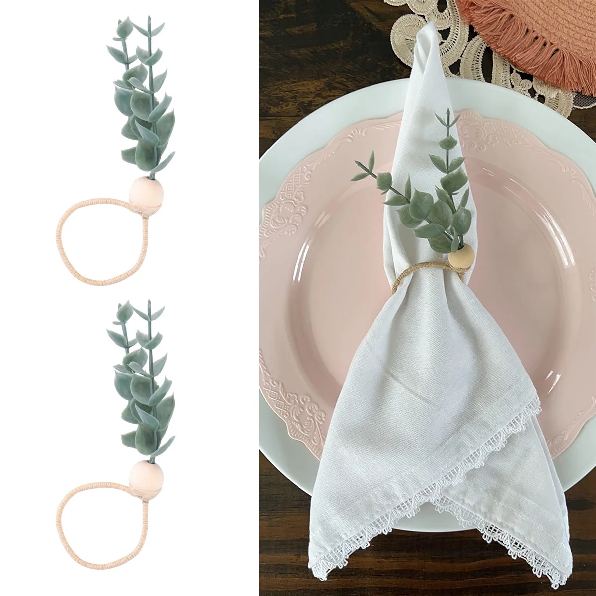 Ronds de Serviette en Forme d'Eucalyptus Fait à la Main, Perles en Bois, Décoration de Maison, Faux Verdure, pour Mariage, ix, etc, 6 Pièces