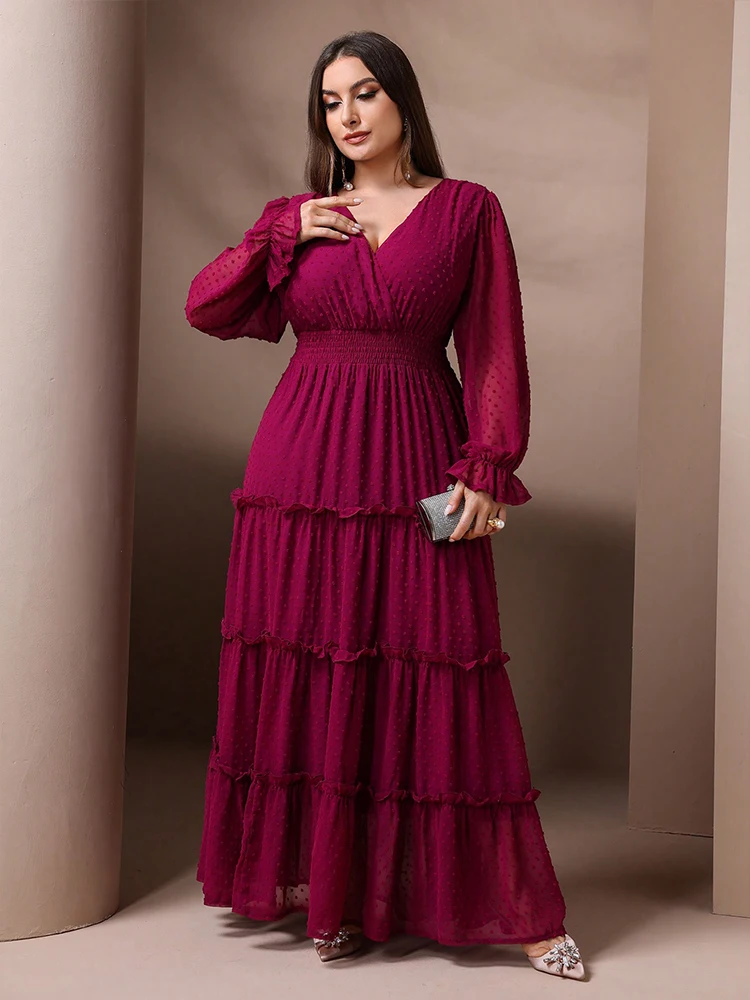 TOLEEN Women Plus Size Maxi Dresse Elegant Lantern V-Neck Rose Red Cake Dress Luxurious Women's Wedding Party Bridesmaid Dress