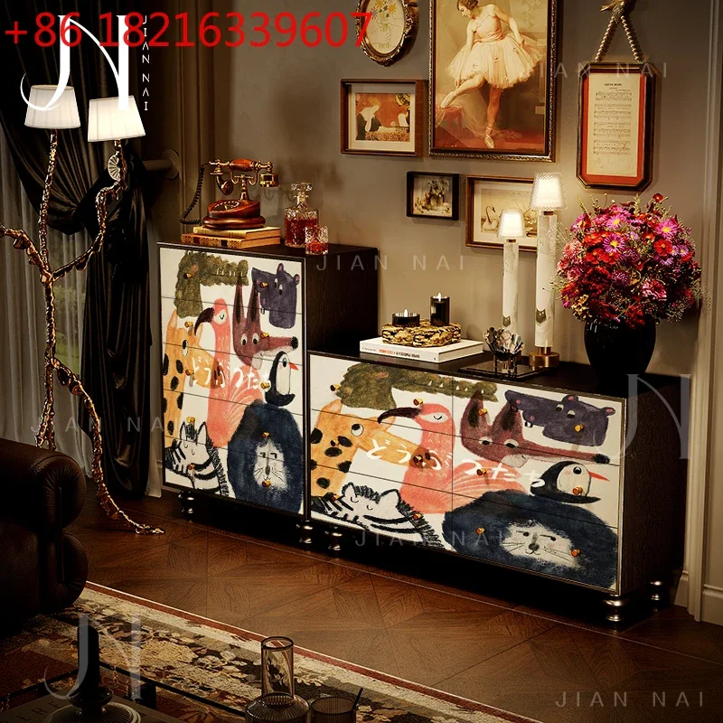 TAOSolid wood objects painted five buckets and six drawers cartoon zoo living room sofa bed French antique style