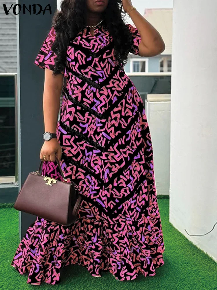 

Женское винтажное платье макси больших размеров 2025 с коротким рукавом, летние вечерние платья, повседневное платье трапециевидной формы с принтом, богемное платье с v-образным вырезом, Vestidos