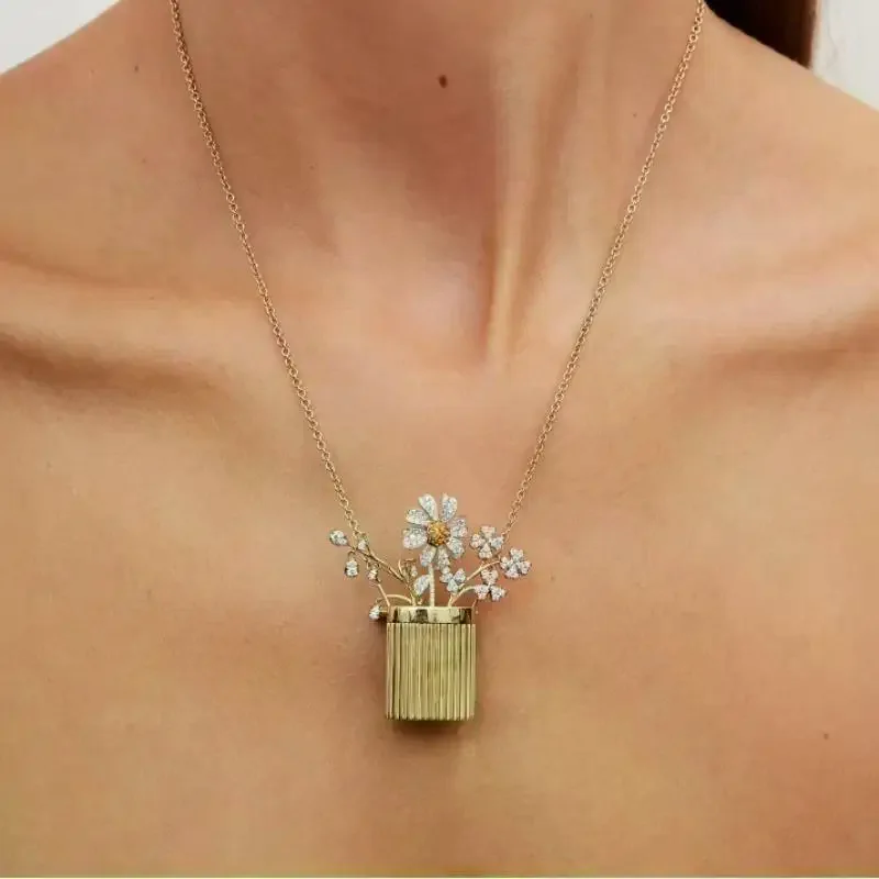 Flower Bouquet Necklace Wearable Diy Flower Basket Pendant Necklace Vintage Can Be Inserted Flower Choker Chain Jewelry Gift