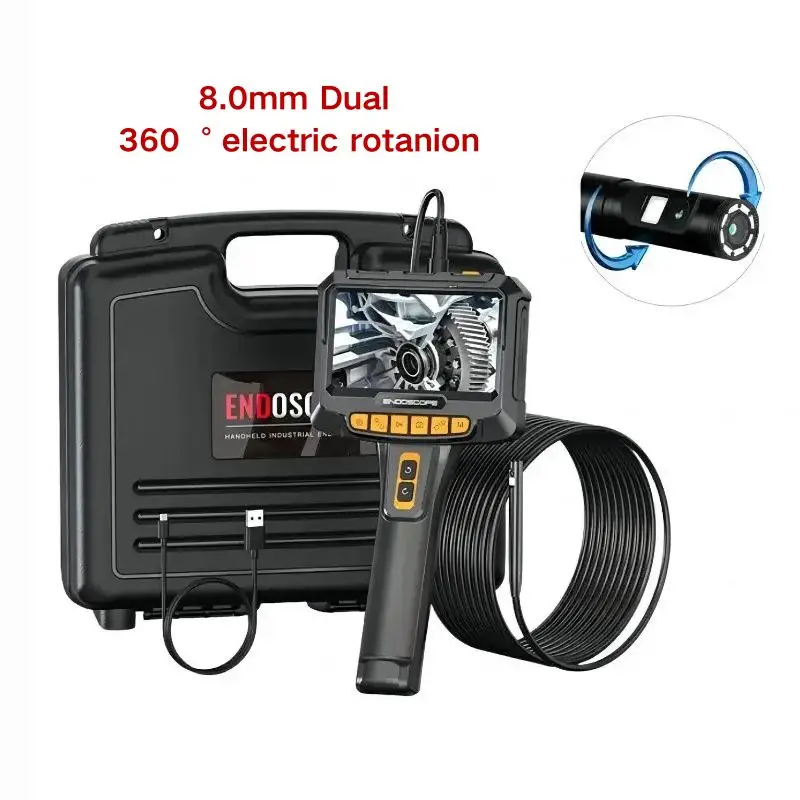 360° Rotation Industrial Endoscope 8mm Dual Lens Camera 5 Inch IPS HD 1080P Handle Inspection Borescope For Car Engine Sewer