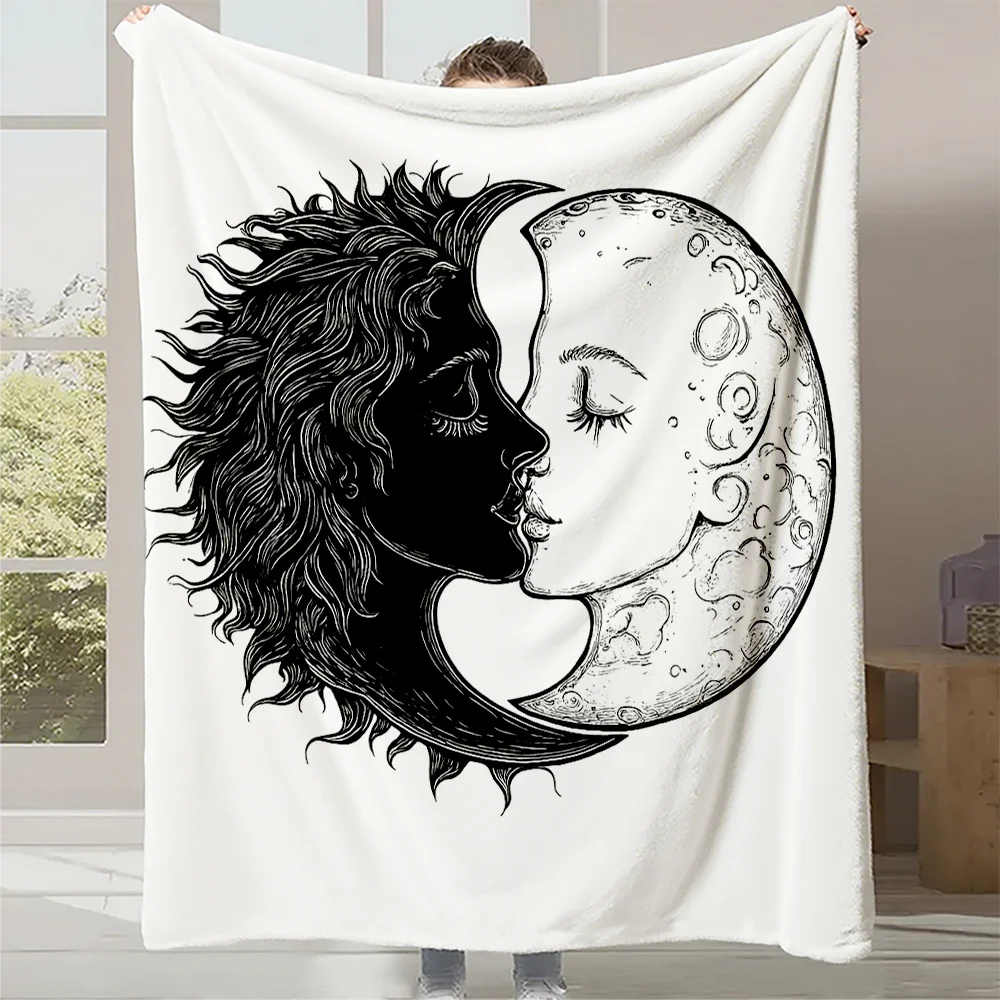 1pc Sun & Moon Lovers Black & White Plush Fleece Blanket - Yin-Yang Symbol Design, High-GSM All-Season Bedspread for s &, Soft C