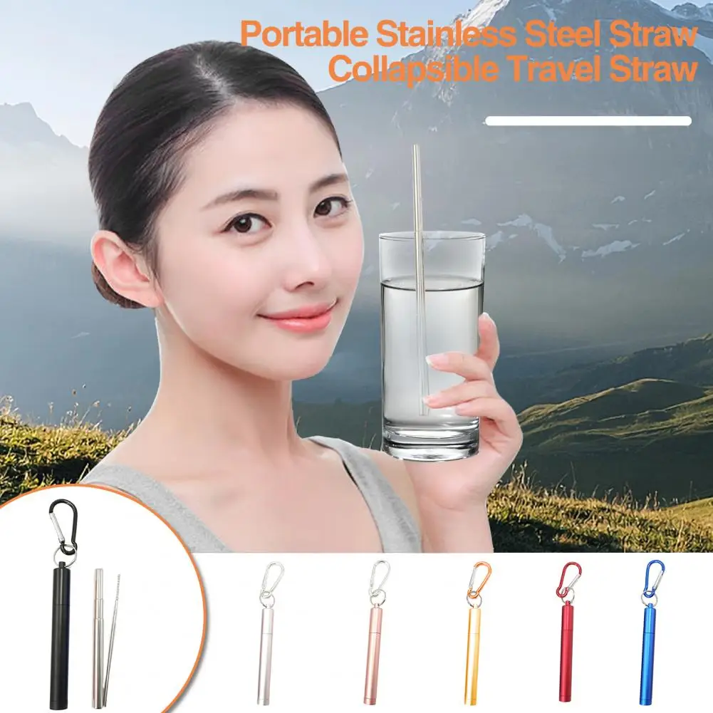 1 Set Reusable Telescopic Straw Set Portable Stainless Steel With Carry Case Eco-Friendly Easy Clean Straw With Cleaning Brush