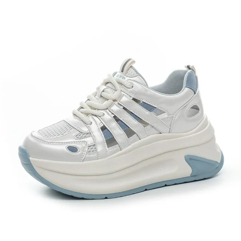 

Женская обувь с воздушной сеткой 7 см, весна-лето, туфли-лодочки, туфли-лодочки, полые массивные кроссовки, шлепанцы, сандалии на платформе, танкетке из микрофибры, на танкетке