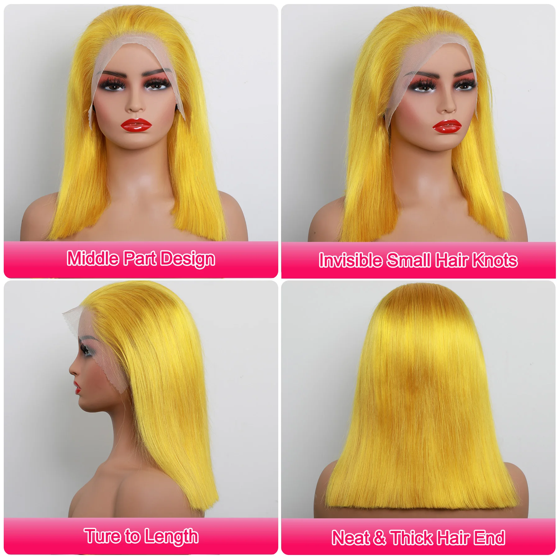 Yellow Bob Wig Human Hair 13x4 Transparent Lace Front Human Hair Wigs 180% Density Brazilian Remy Human Hair Short Lace Bob Wig