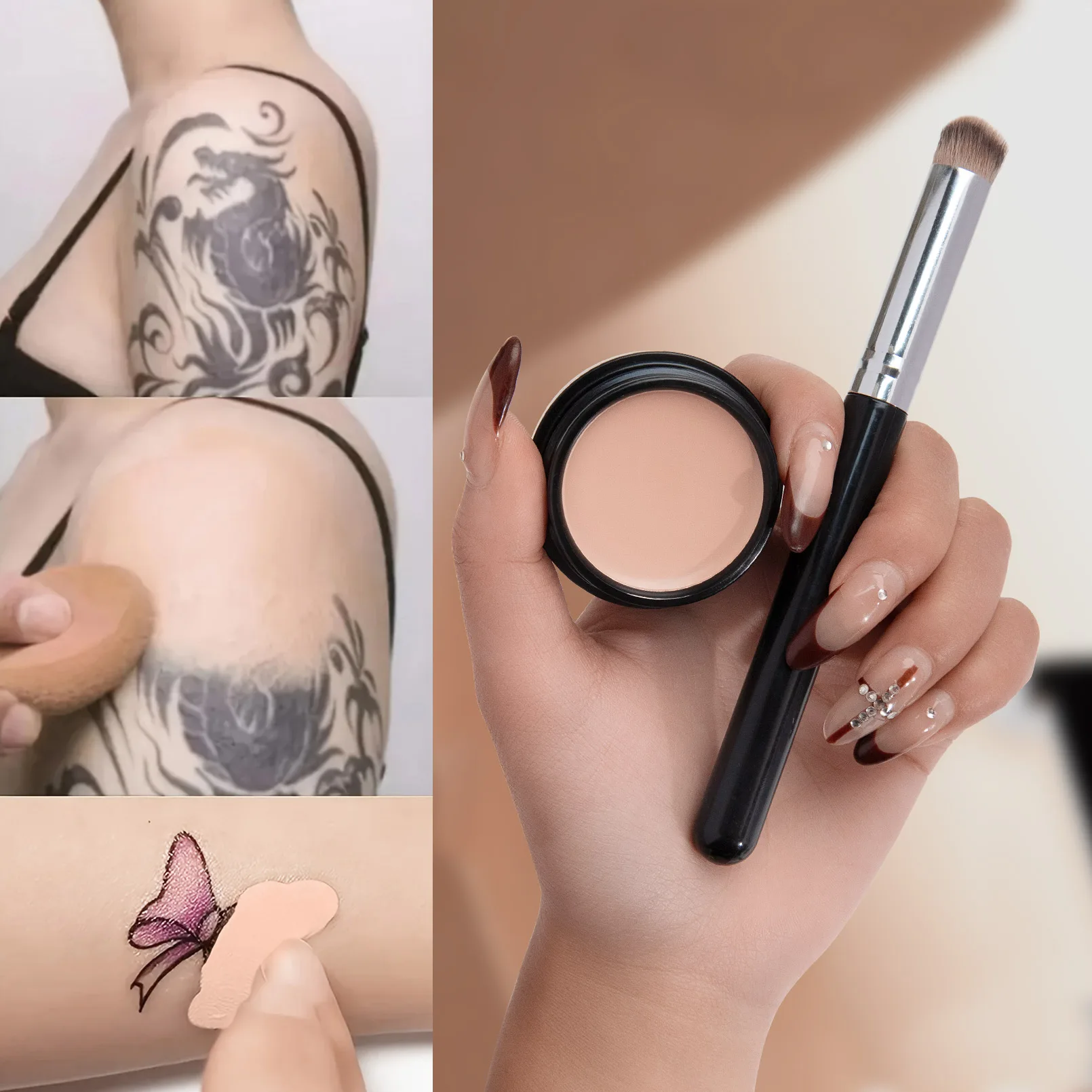 คอนซีลเลอร์กันน้ำและกันเหงื่อพร้อมแปรง - ปกปิดรอยสัก, รองพื้นติดทนนาน, เป็นธรรมชาติ, ปกปิดเต็มรูปแบบ, ทุกสภาพผิว