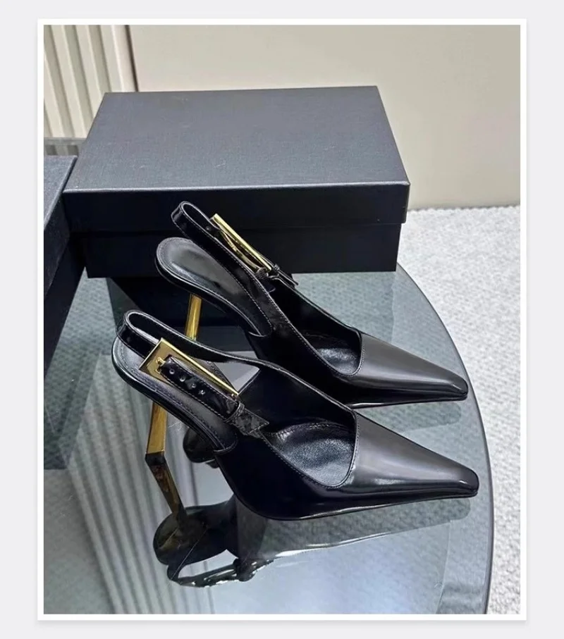 

Spring 2025 New Black Patent Leather High Heels Pointy Toe Thin Heel Back Strap Metal Buckle Wrap Toe Sexy Women Single Shoes