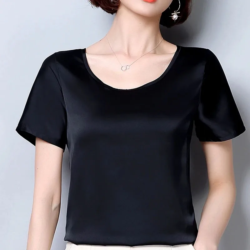 New Women Tops and Blouses Summer Short Sleeve Casual Women\'s Shirts 2024 Silk Blouse O Neck Loose Lady Elegant Clothes  2126