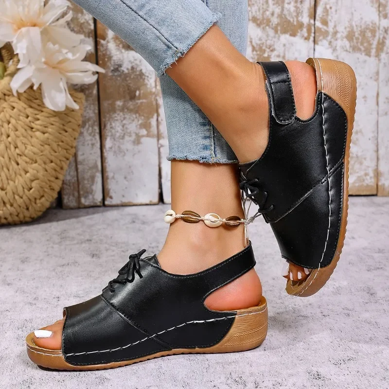 Zapatos de mujer 2025, gran oferta, sandalias de mujer con cordones delanteros, sandalias de moda con punta abierta, informales de verano de talla grande, nuevas y cómodas sandalias de cuña