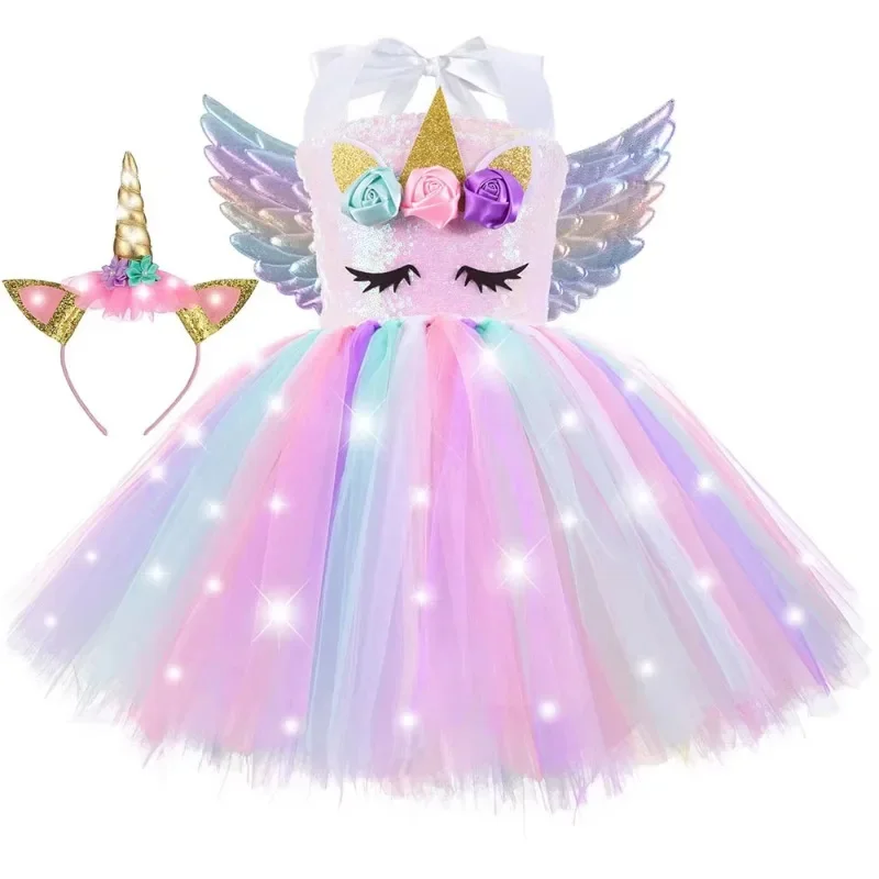 

New Girls Sequin LED Light Unicorn Costume Girls Birthday Decoration Halloween Christmas Party Costume Princess Tutu