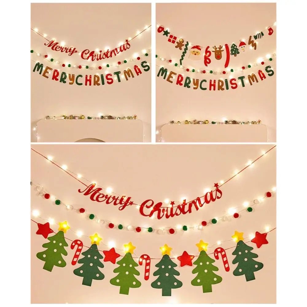 Festive Lights Felt Christmas Banner Decorated DIY Handmade Christmas Pendant Furry Balls LED String Light Christmas Party