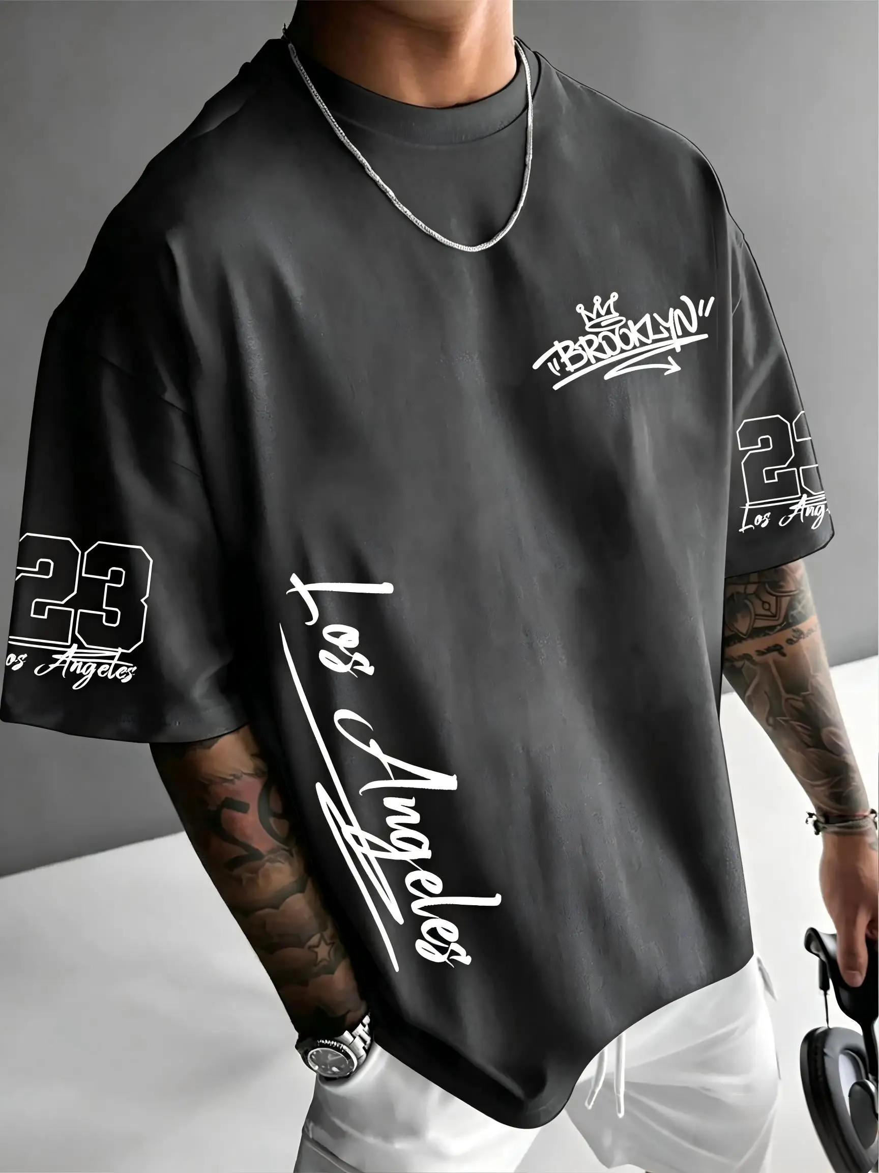 New Men's Summer Los Angeles California Letter Printed Micro Elastic Breathable Round Neck T-shirt Outdoor Urban Casual Top