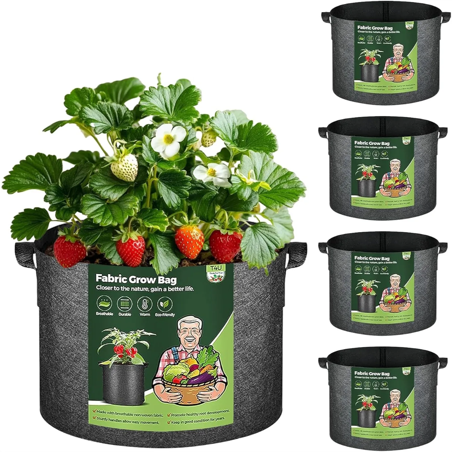

Fabric Plant Grow Bags with Handle 10 Gallon Pack of 5, Heavy Duty Nonwoven Smart Garden Pot Thickened Aeration Nursery