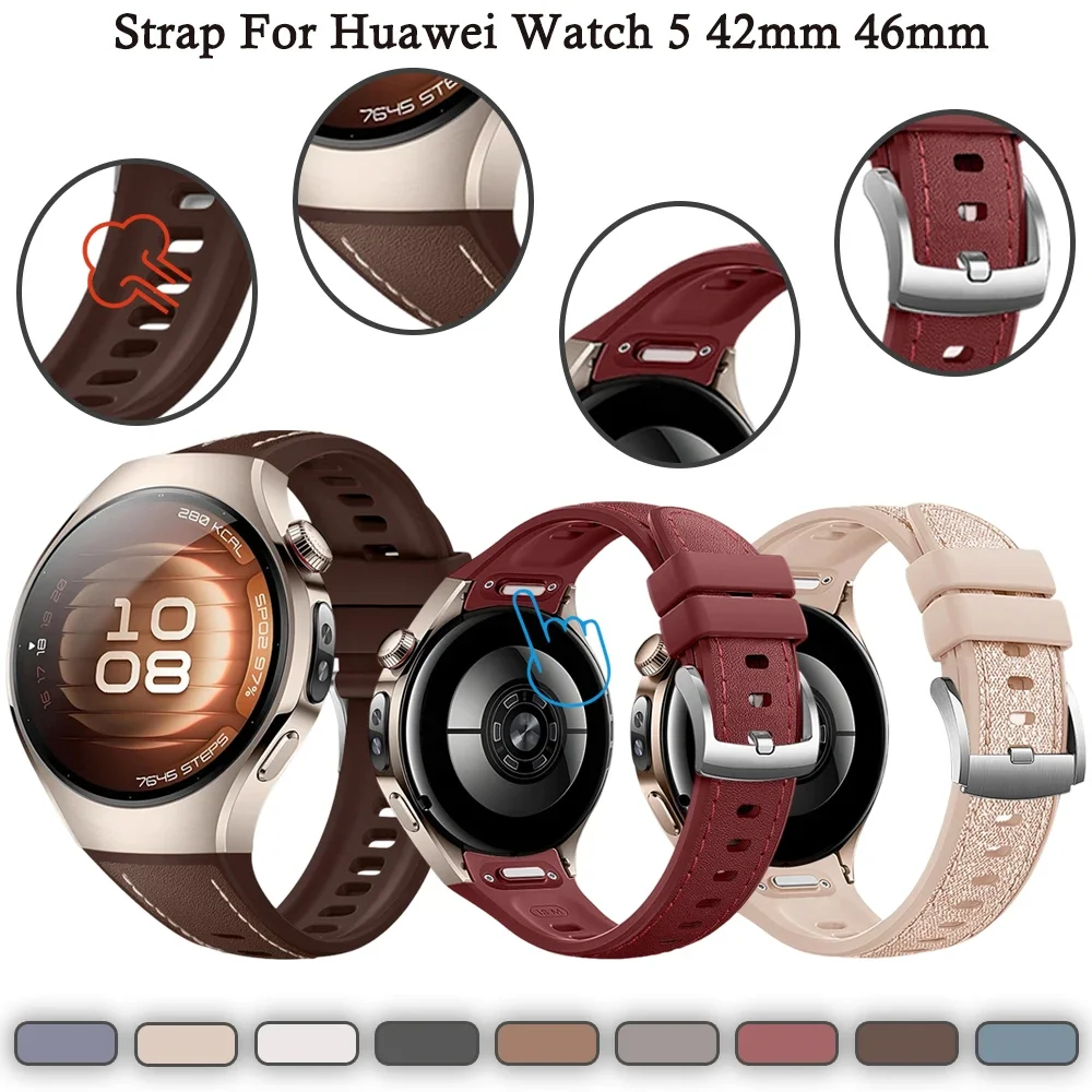 

Strap for Huawei Watch 5 46mm 42mm Press-on Quick Release Leather Silicone Strap for Huawei Watch 5 42mm Men Women Band Bracelet