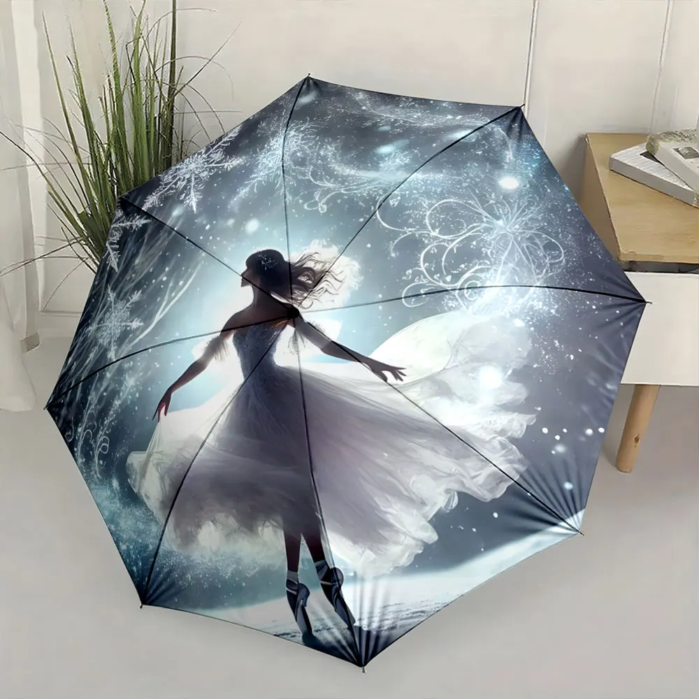 1PC Ballerina Elegance in Winter Wonderland Print 8 Iron Ribs Folding Umbrella Auto-Open Fashion Sunshade