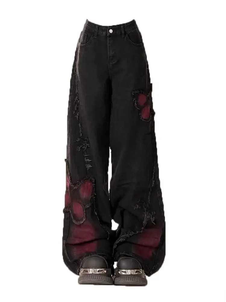 HOUZHOU Gothic Butterfly Women's Jeans Black Vintage Harajuku Y2k Baggy Pants Grunge Oversize 2000s Denim Trousers Aesthetic