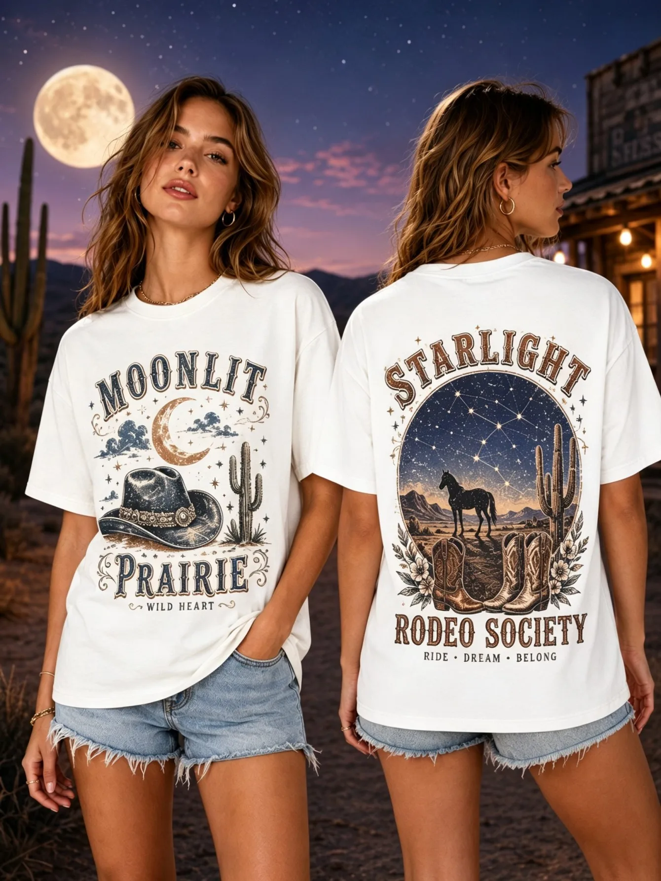 Ladies' Moon Starry Sky Cowboy Hat Cactus Steed Retro Western Printed Loose Round Neck Short Sleeve T-shirt Summer Daily