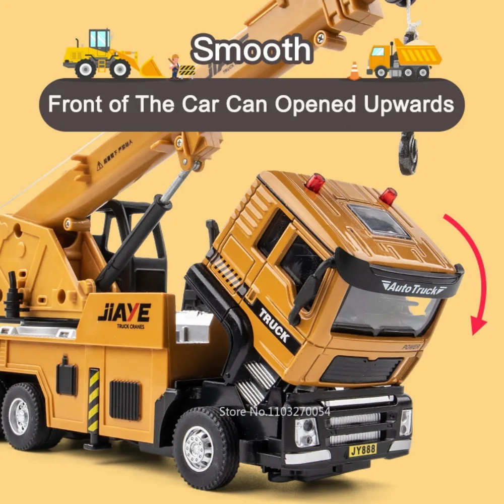 1/50 Crane Truck Model Toy Car Diecast Alloy Engineering Vehicle Sound Light Pull Back Rubber Tire High Simulation Toy Kids Gift