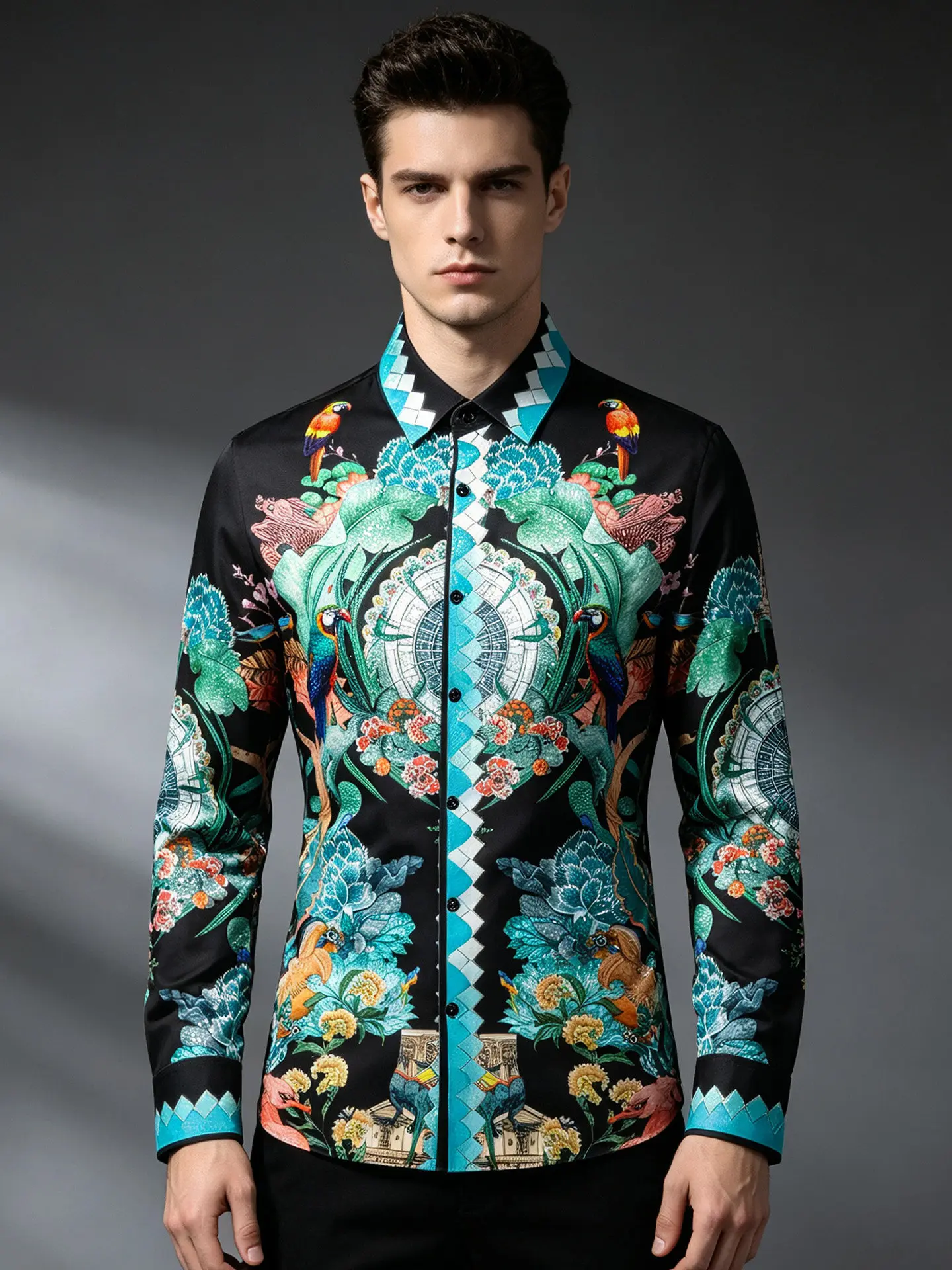 Luxury Flower Bird Rhinestone Men's Shirt Long Sleeve Casual Business Dress Shirts Banquet Party Stage Performance Star Shirts