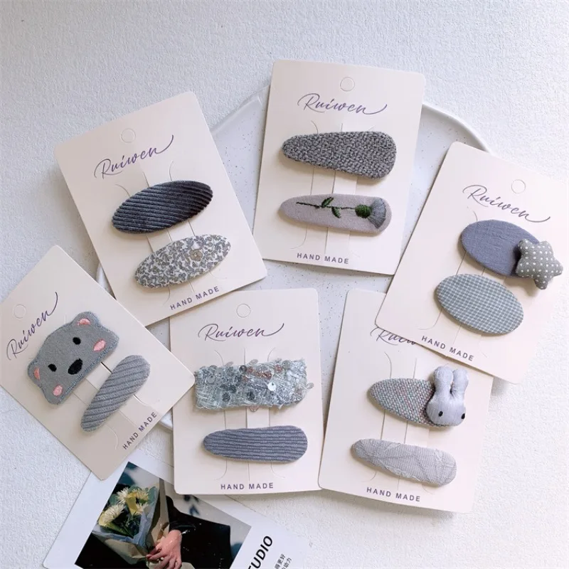 

Gray Fabric Embroidery Cartoon Bear Star Hair Clips for Sweet Girls Side Bangs Barrettes Cute Soft Grip Daily Hair Accessories