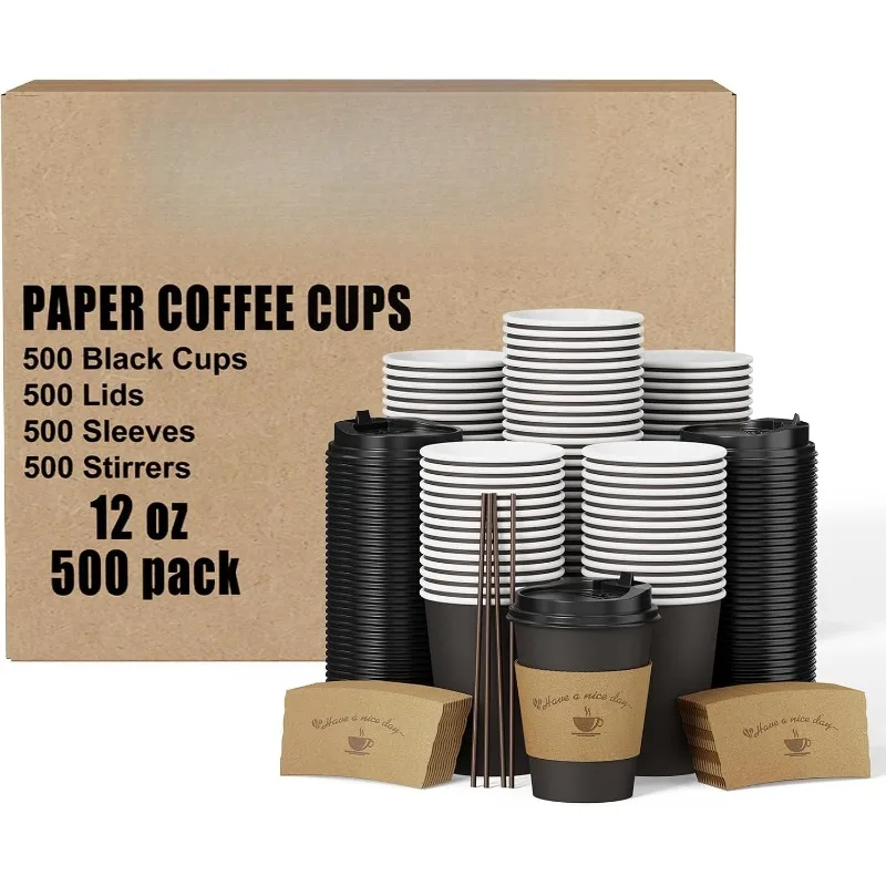 

500 Pack 12 oz Disposable Coffee Cup with Lids, Sleeves, and Stirring Sticks, Black To Go Paper Coffee Cups for Home, Tr